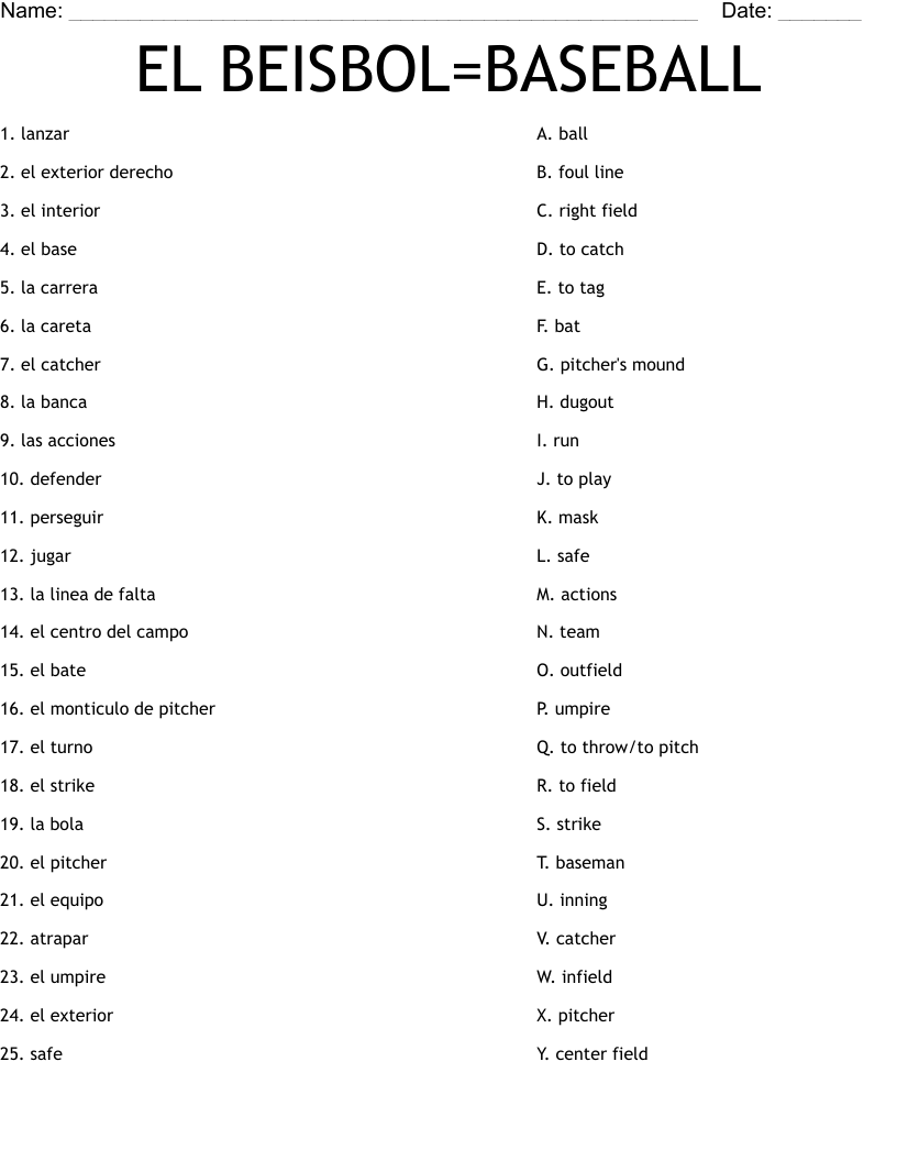 EL BEISBOL=BASEBALL Worksheet