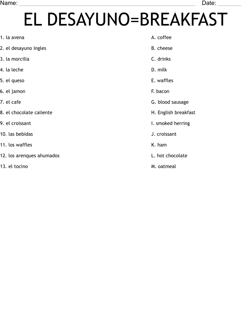 EL DESAYUNO=BREAKFAST Worksheet