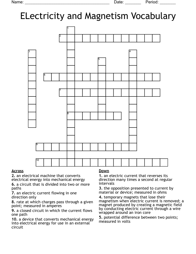 ELectricity and Magnetism Vocabulary Crossword
