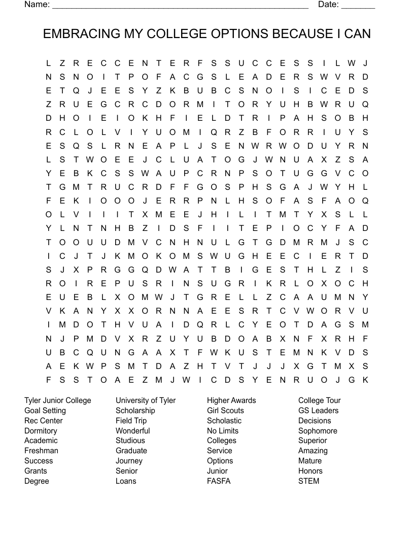 EMBRACING MY COLLEGE OPTIONS BECAUSE I CAN Word Search