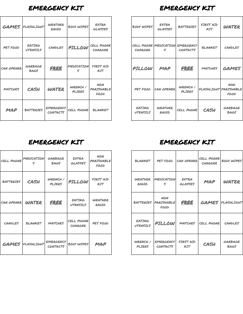 EMERGENCY KIT Bingo Cards