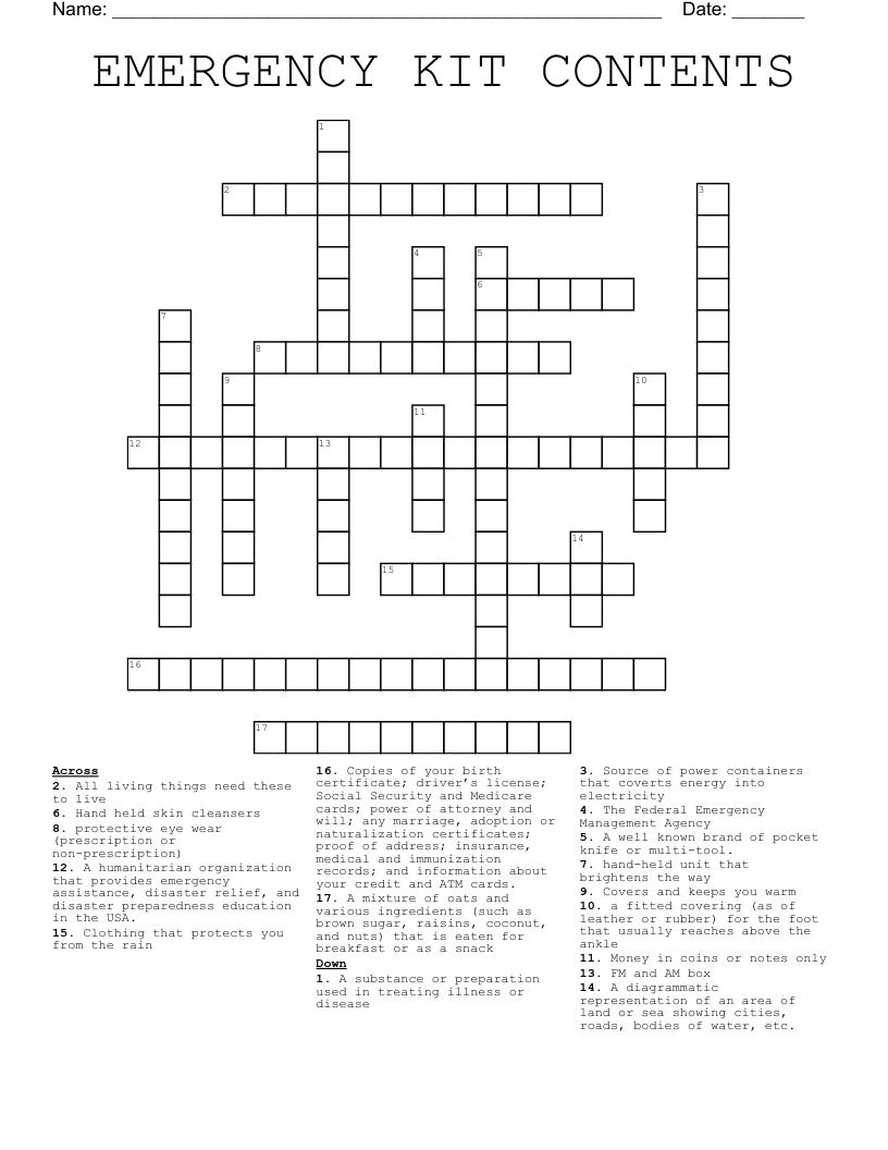 EMERGENCY KIT CONTENTS Crossword
