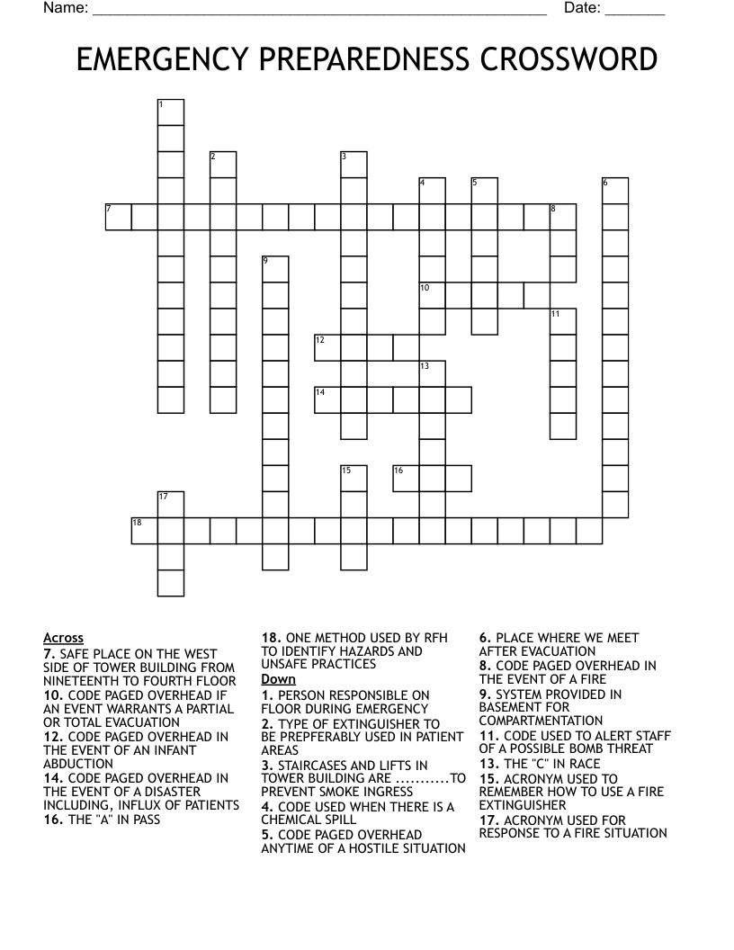 EMERGENCY PREPAREDNESS CROSSWORD