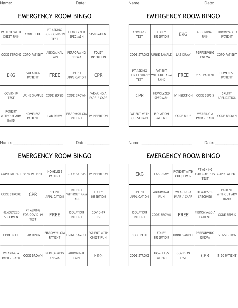 EMERGENCY ROOM BINGO