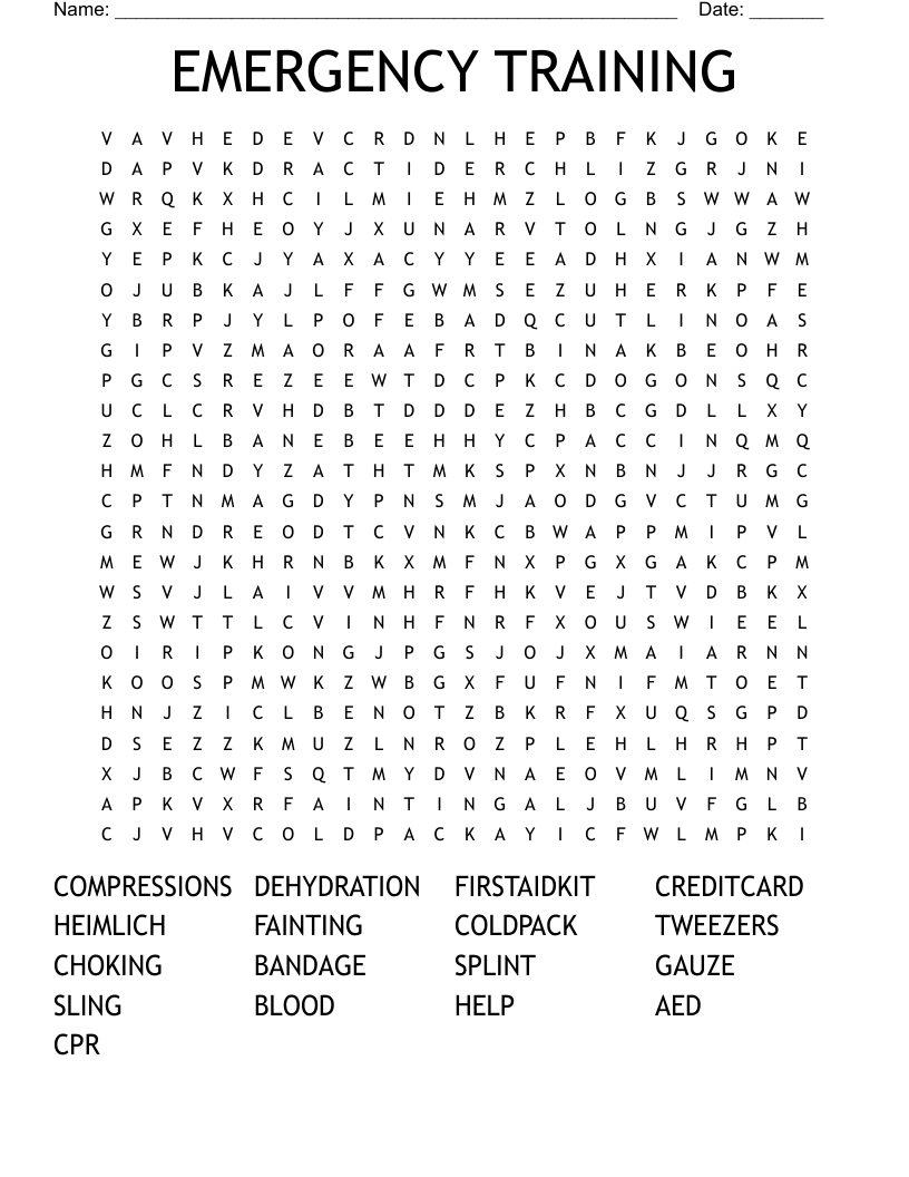 EMERGENCY TRAINING Word Search