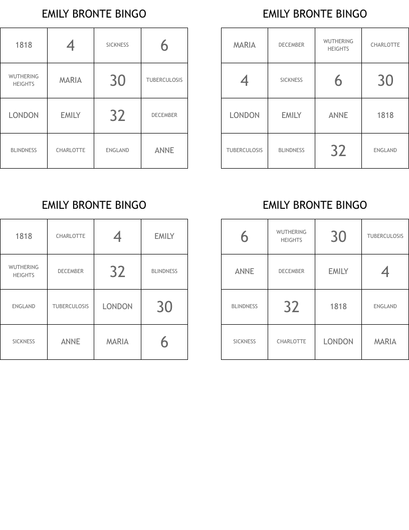 EMILY BRONTE BINGO