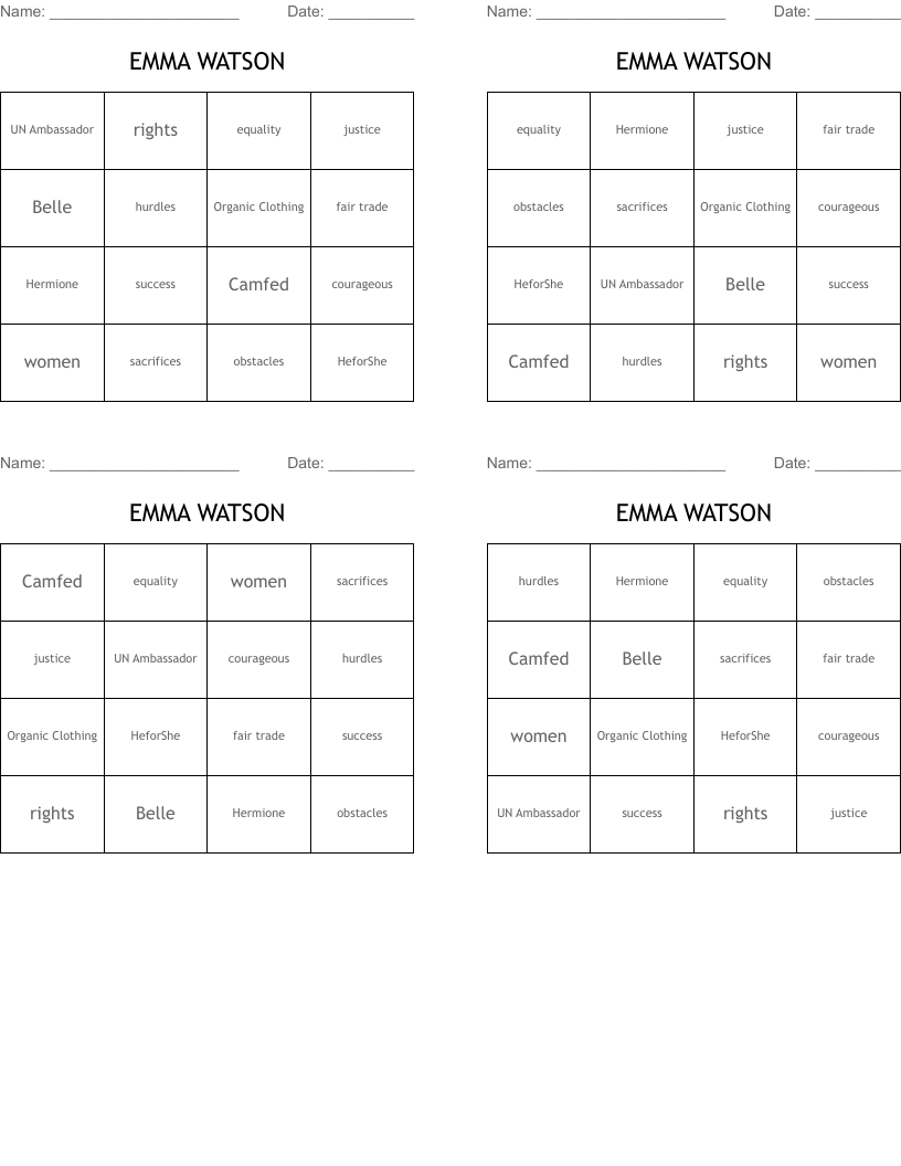 EMMA WATSON Bingo Cards