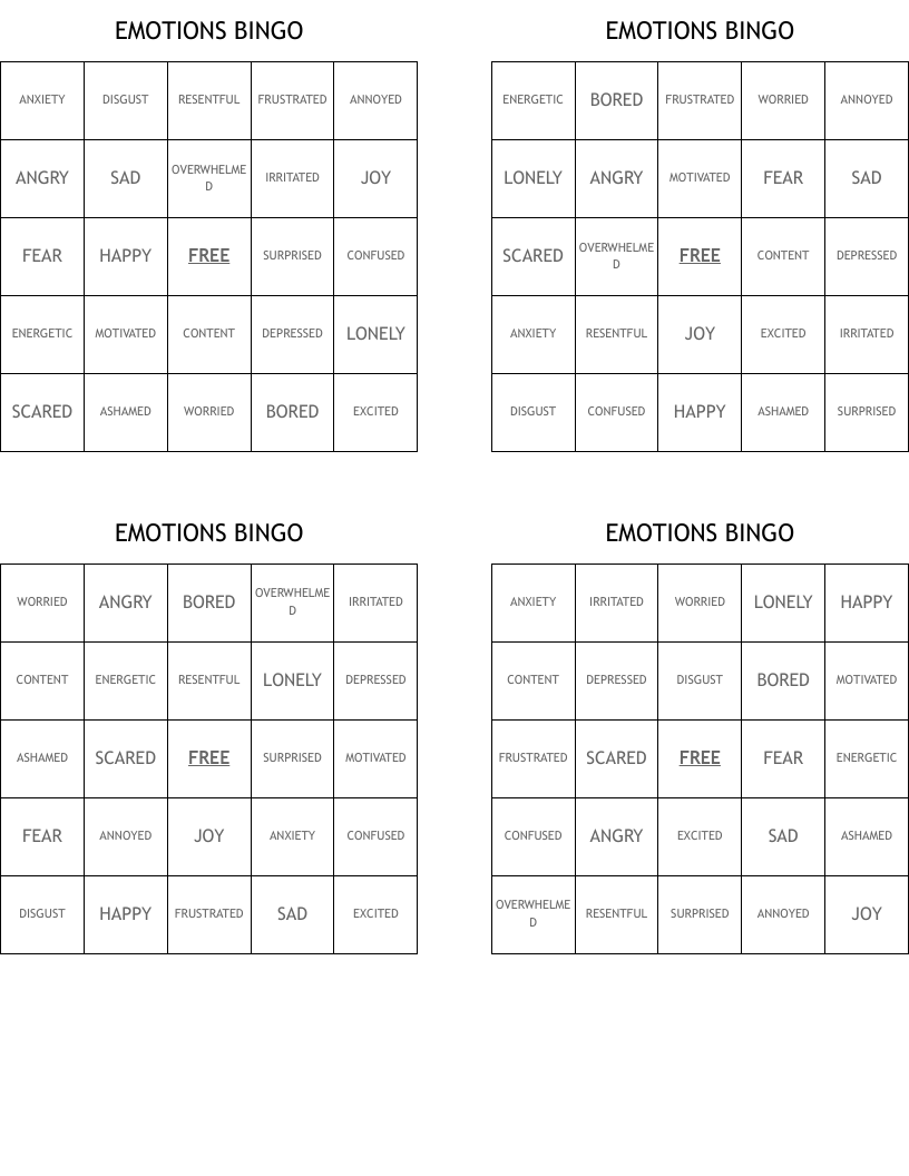 EMOTIONS BINGO