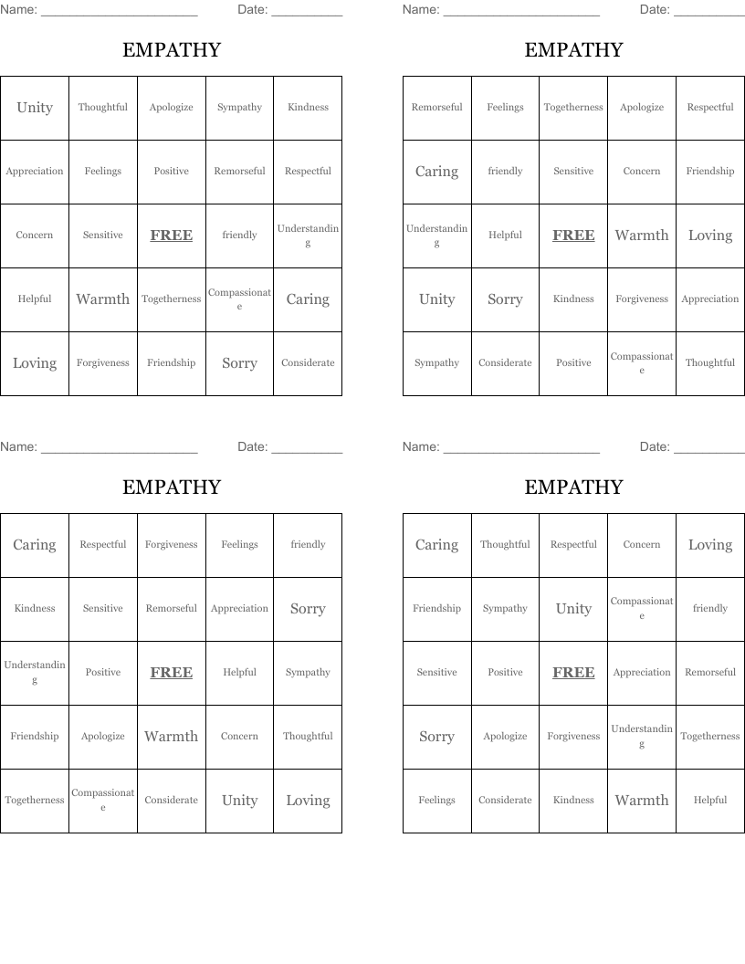 EMPATHY Bingo Cards