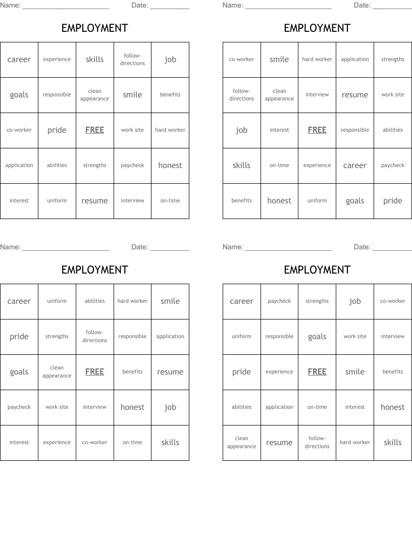 EMPLOYMENT Bingo Cards