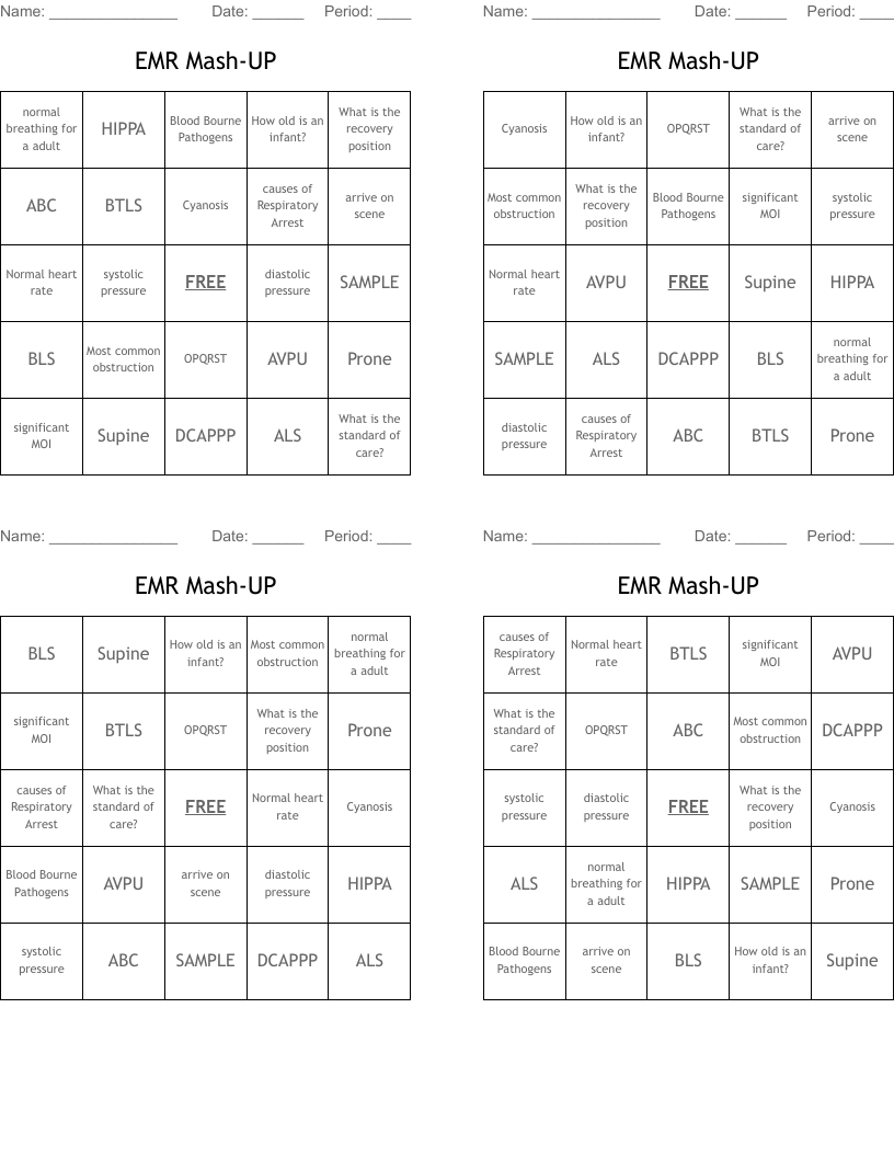 EMR Mash-UP Bingo Cards