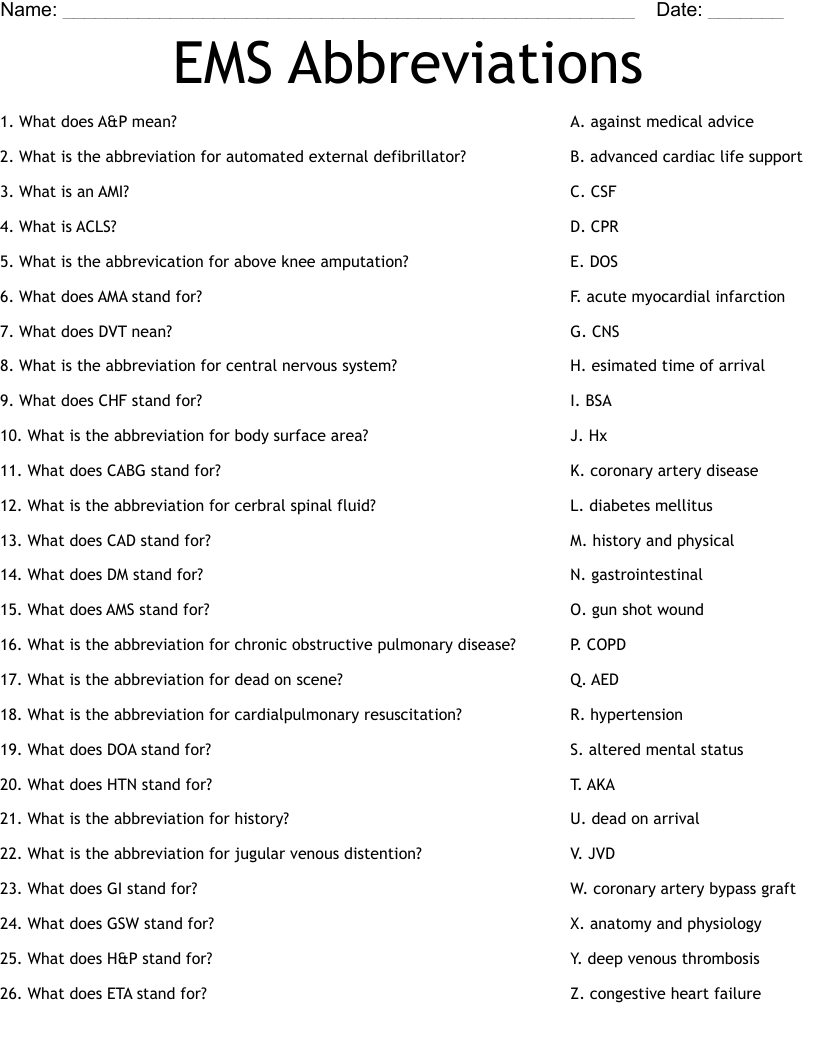 EMS Abbreviations Worksheet