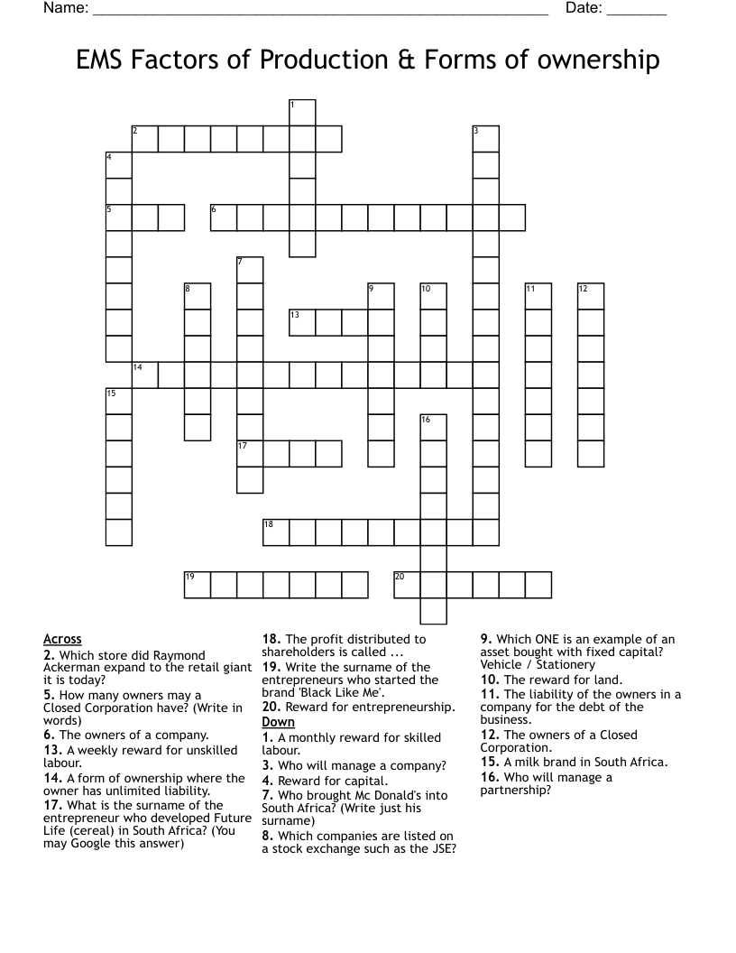 EMS Factors of Production & Forms of ownership Crossword