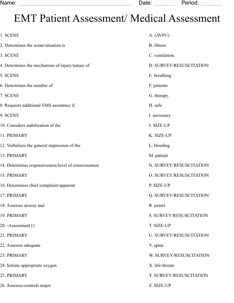 EMT Patient Assessment/ Medical Assessment  Worksheet