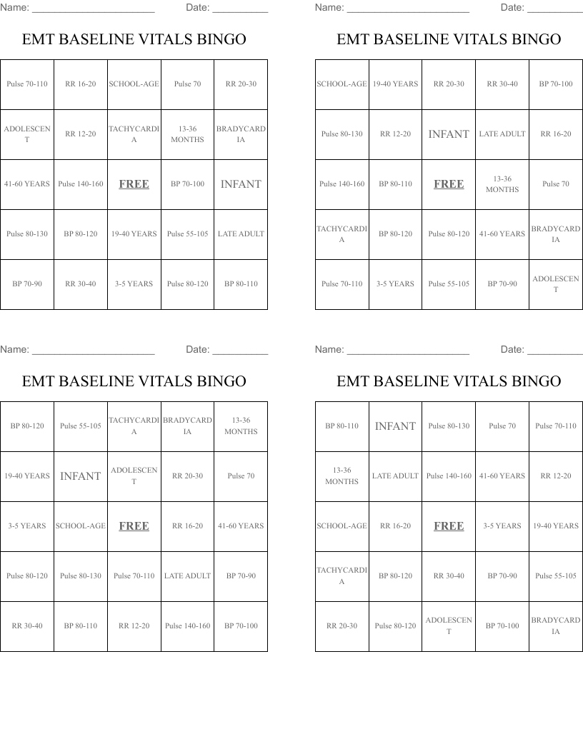 EMT  BASELINE VITALS BINGO        