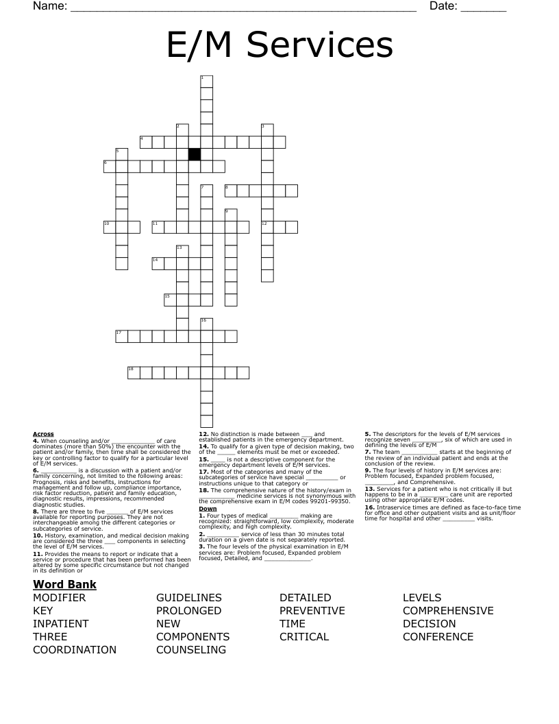 E/M Services Crossword