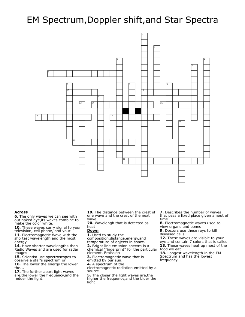 EM Spectrum,Doppler shift,and Star Spectra  Crossword