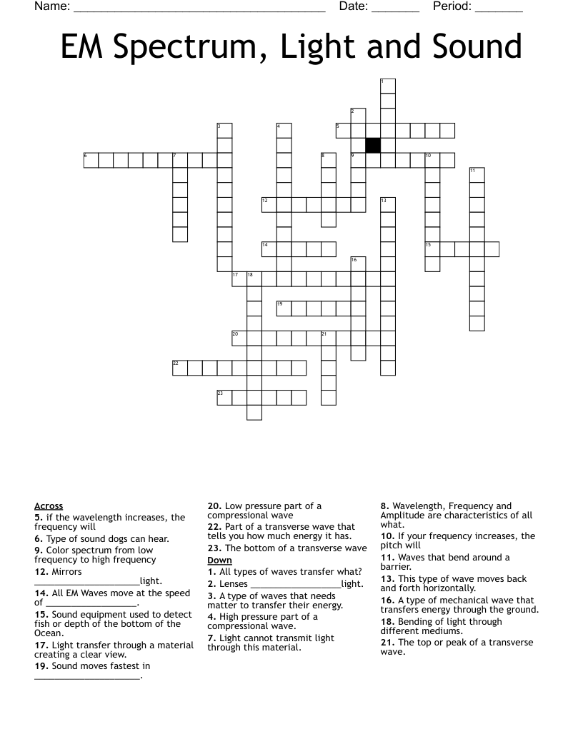 EM Spectrum, Light and Sound Crossword
