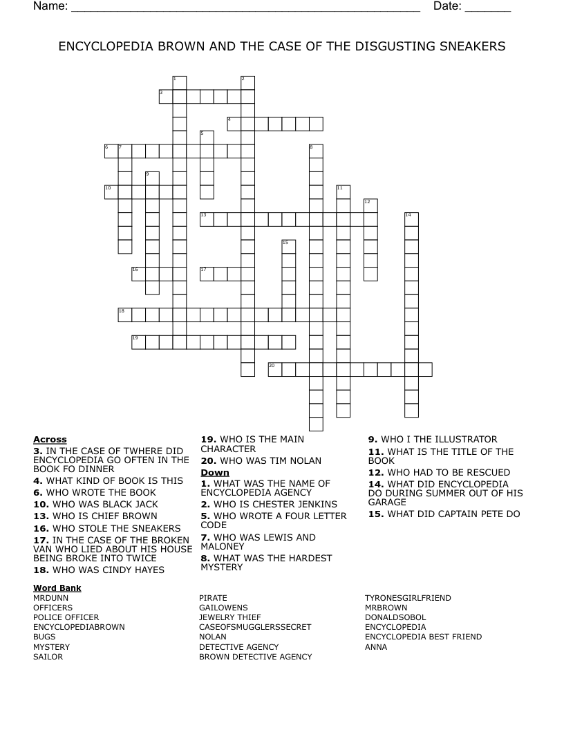 ENCYCLOPEDIA BROWN AND THE CASE OF THE DISGUSTING SNEAKERS Crossword