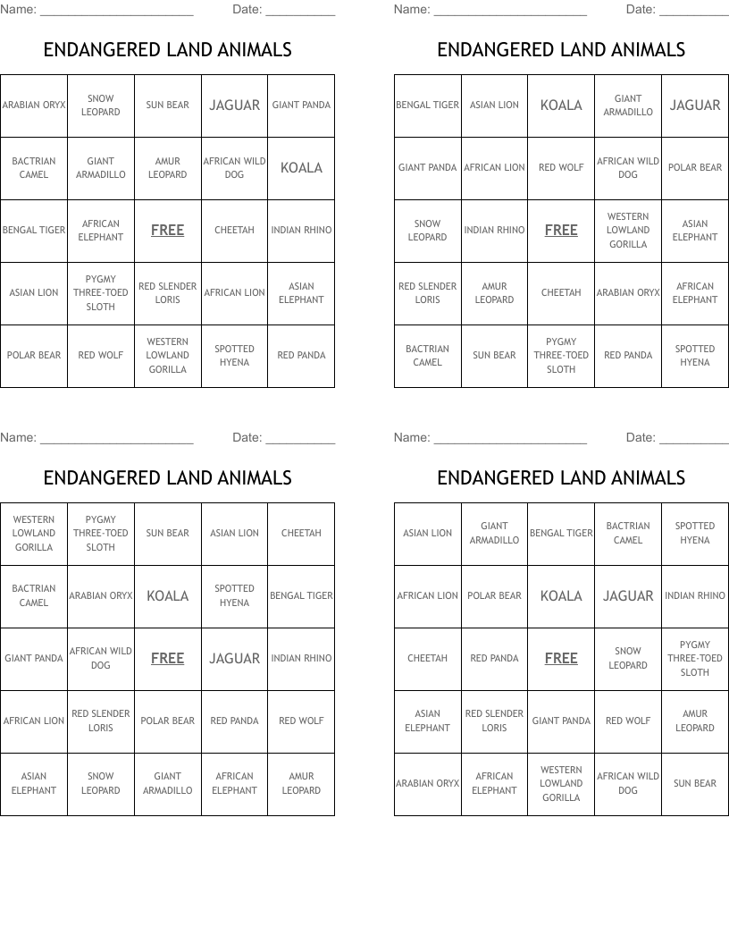 ENDANGERED LAND ANIMALS Bingo Cards