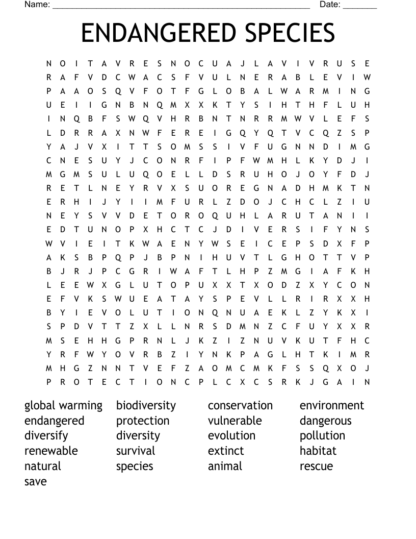 ENDANGERED SPECIES Word Search