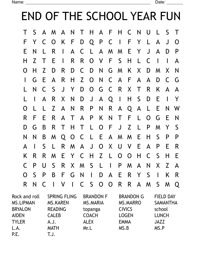 END OF THE SCHOOL YEAR FUN Word Search