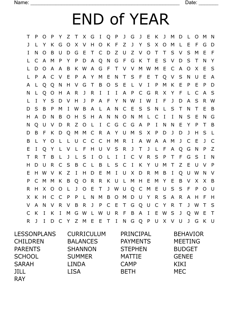 END of YEAR Word Search