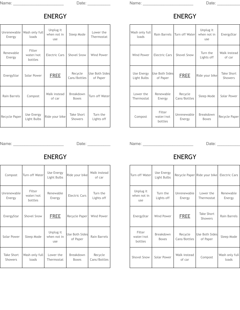ENERGY Bingo Cards