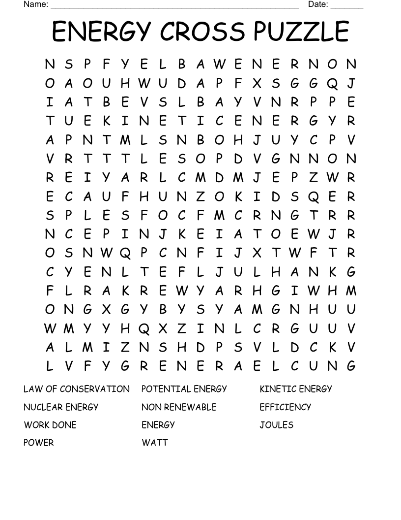 ENERGY CROSS PUZZLE Word Search