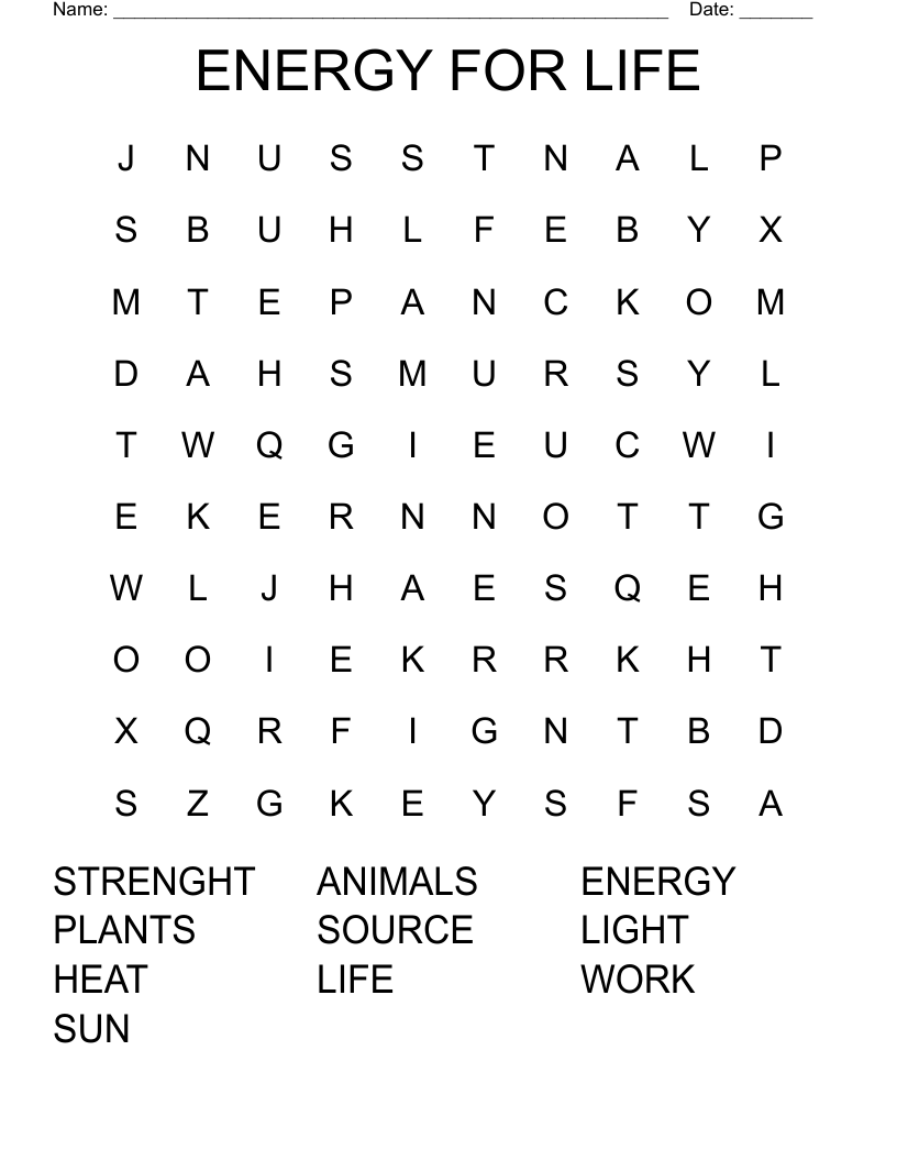 ENERGY FOR LIFE Word Search