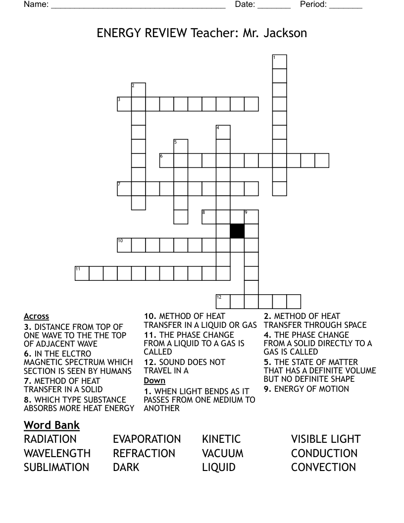 ENERGY REVIEW                              Teacher: Mr. Jackson Crossword
