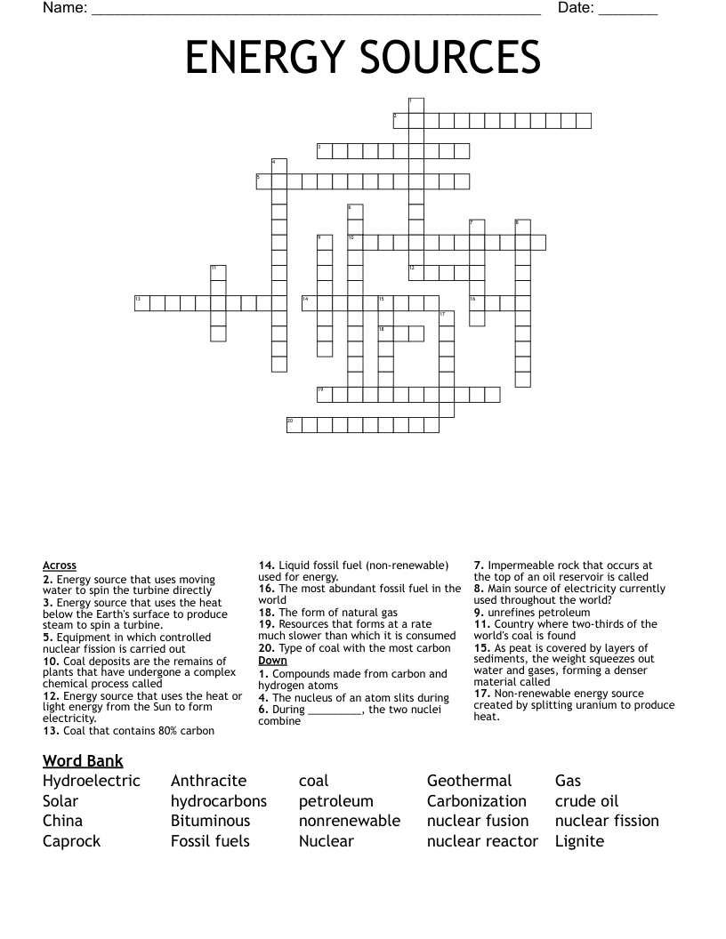 ENERGY SOURCES Crossword