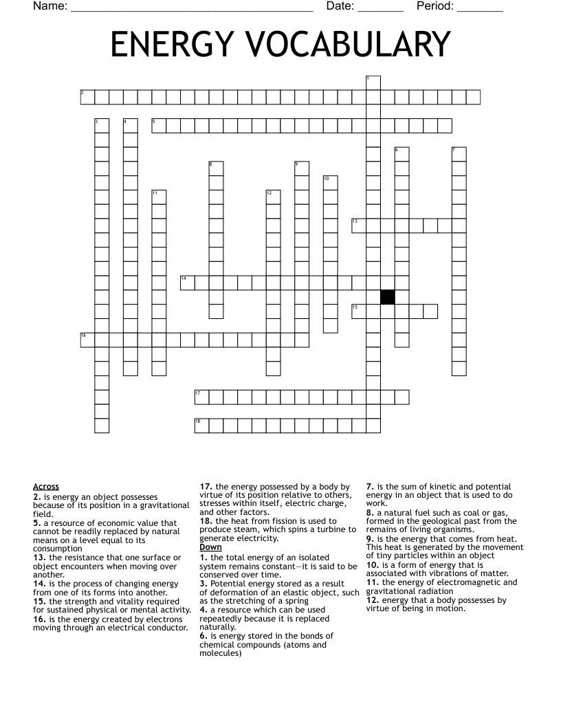 ENERGY VOCABULARY  Crossword