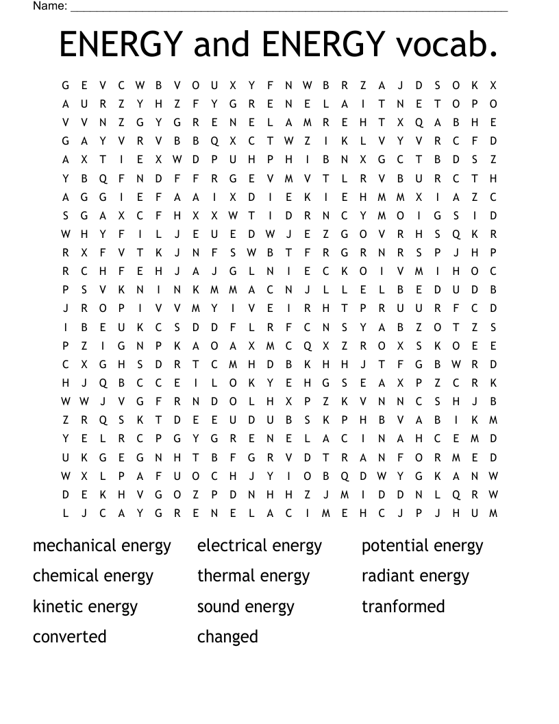ENERGY and ENERGY vocab. Word Search
