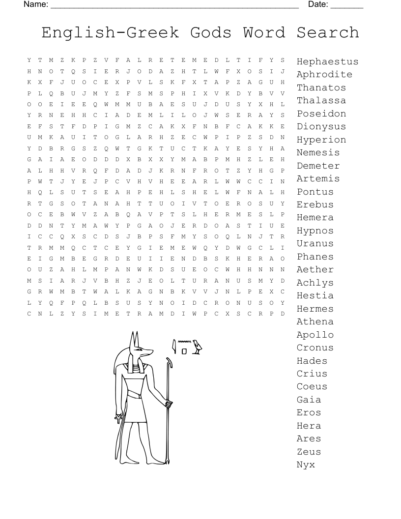 English-Greek Gods Word Search