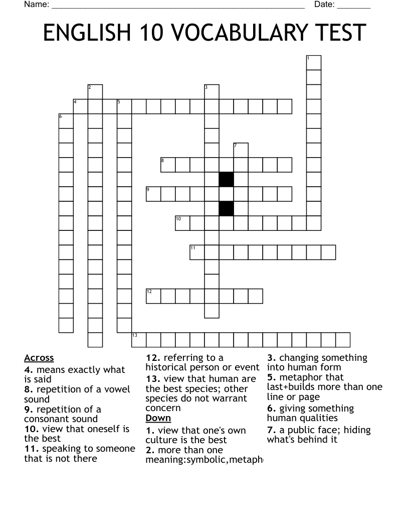 ENGLISH 10 VOCABULARY TEST Crossword