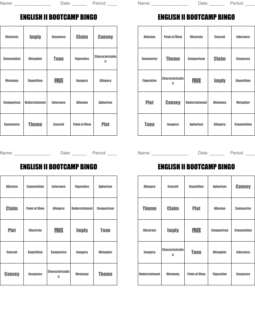 ENGLISH II BOOTCAMP BINGO