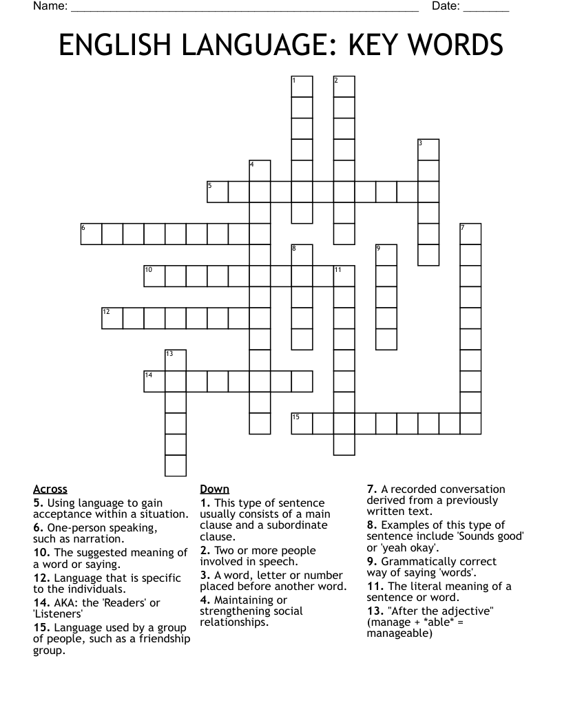 ENGLISH LANGUAGE: KEY WORDS Crossword