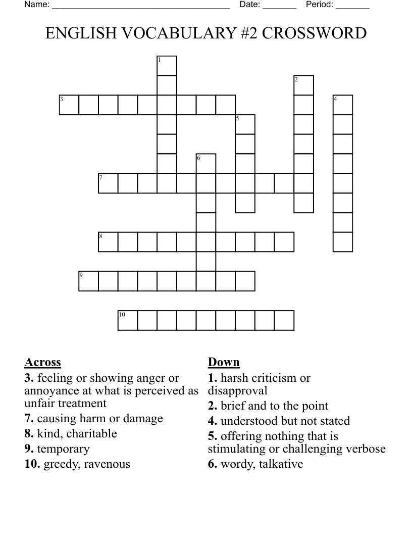 ENGLISH  VOCABULARY #2 CROSSWORD