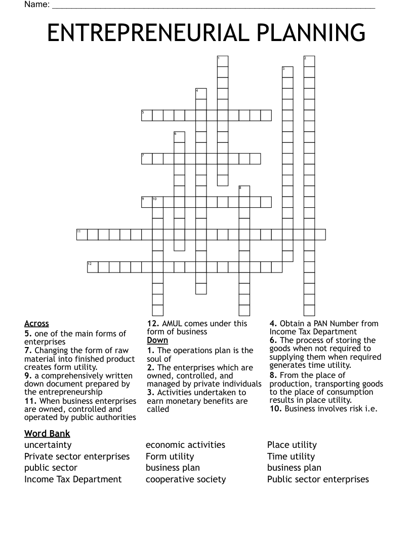ENTREPRENEURIAL PLANNING  Crossword