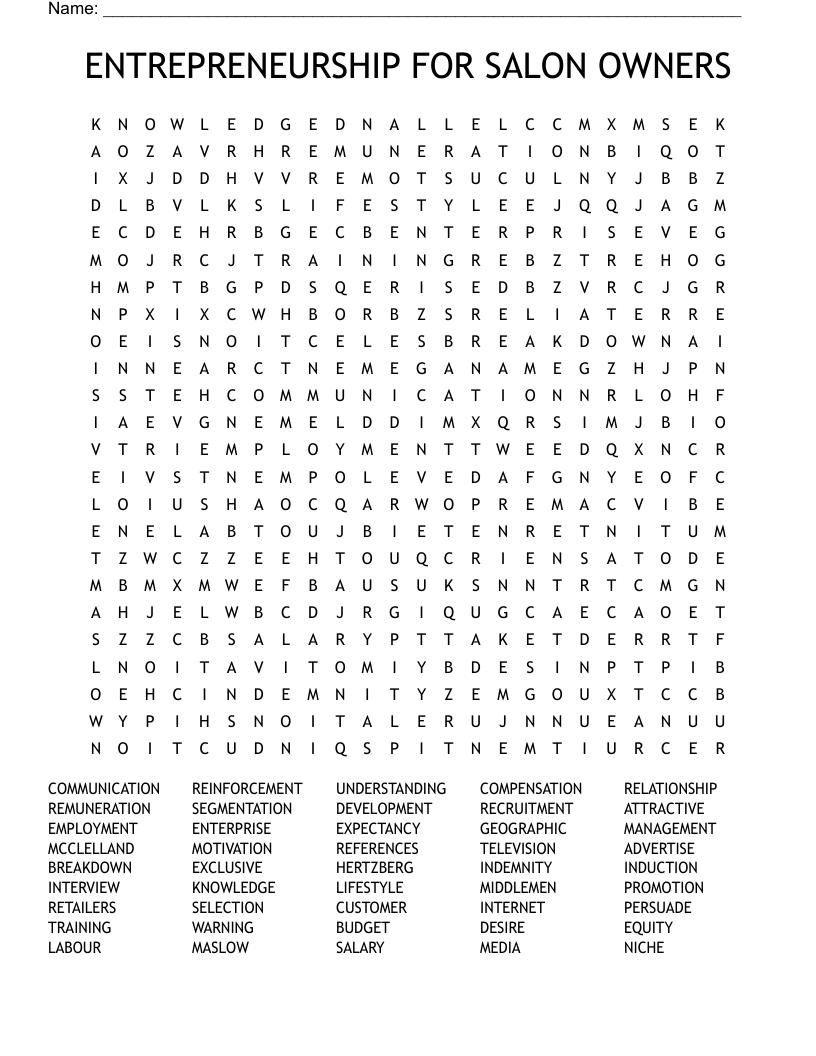 ENTREPRENEURSHIP FOR SALON OWNERS Word Search