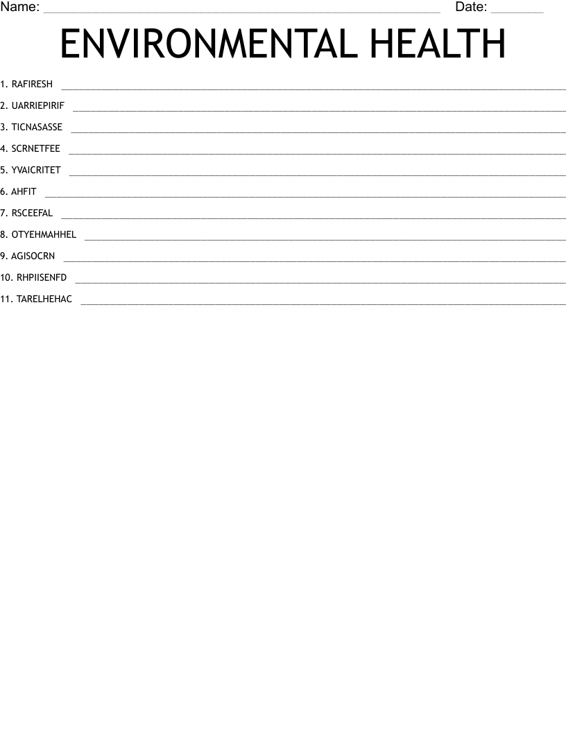 ENVIRONMENTAL HEALTH Word Scramble