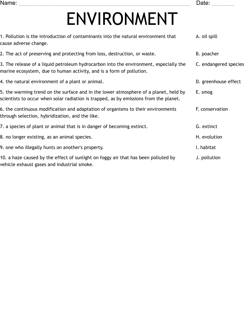 ENVIRONMENT Worksheet