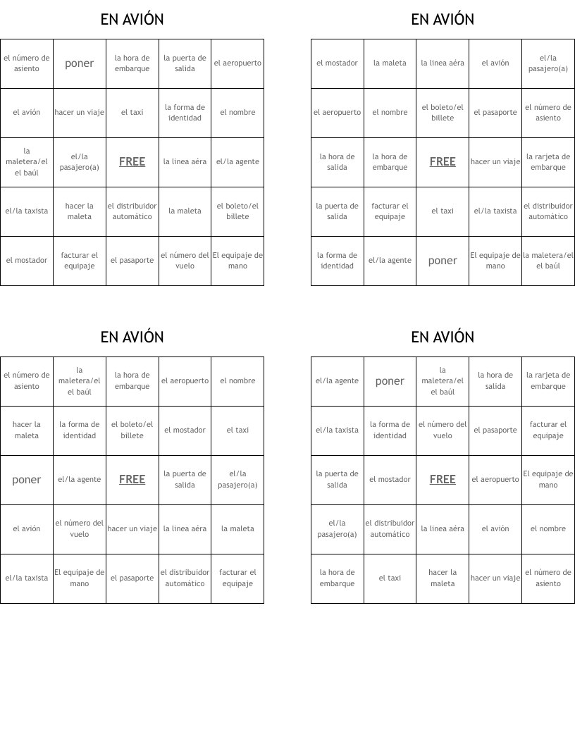 EN AVIÓN  Bingo Cards