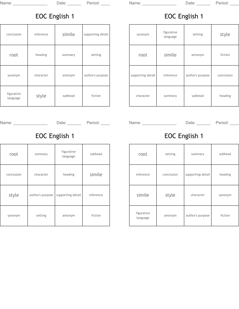 EOC English 1 Bingo Cards