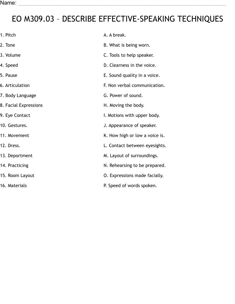 EO M309.03 – DESCRIBE EFFECTIVE-SPEAKING TECHNIQUES Worksheet
