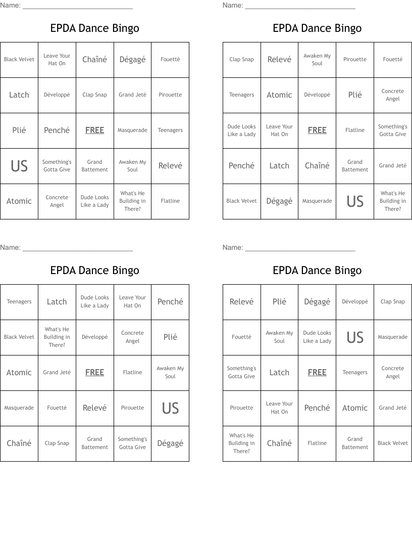 EPDA Dance Bingo
