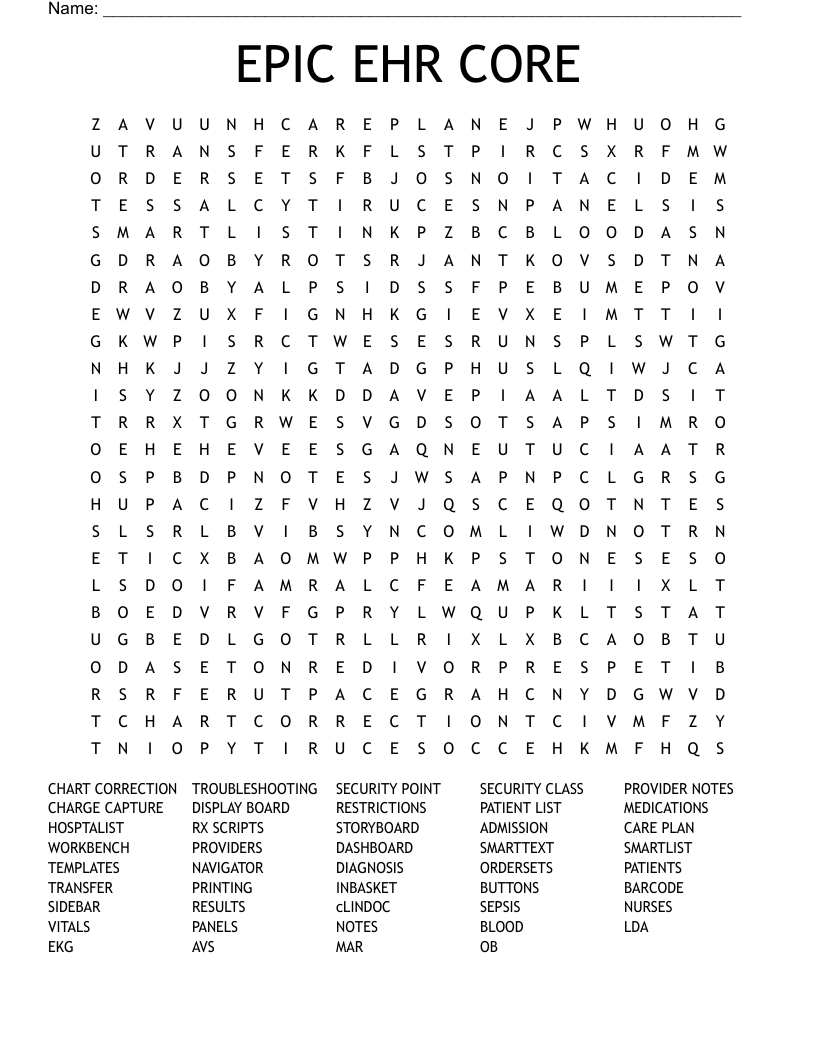 EPIC EHR CORE Word Search