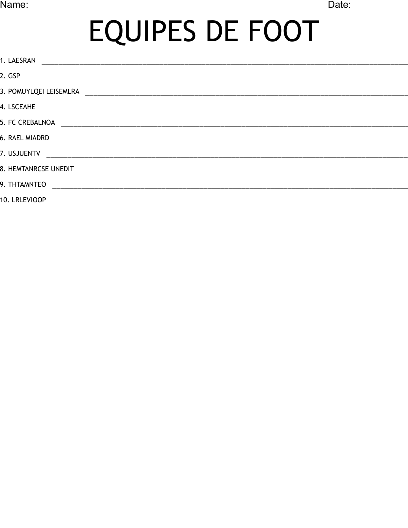 EQUIPES DE FOOT Word Scramble