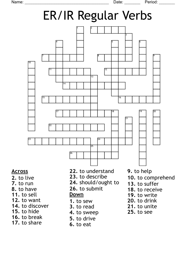 ER/IR Regular Verbs Crossword